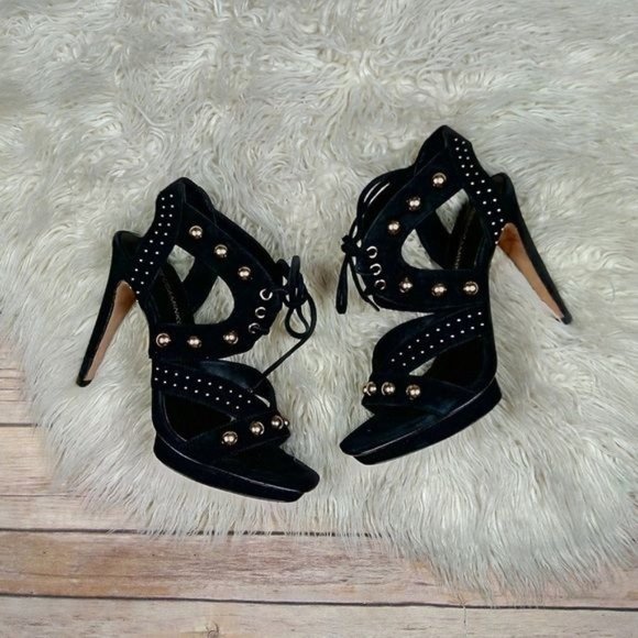 Rebecca Minkoff | ‘Ilima’ Black Leather Suede Studded Heeled Platform Sandals - Picture 2 of 8